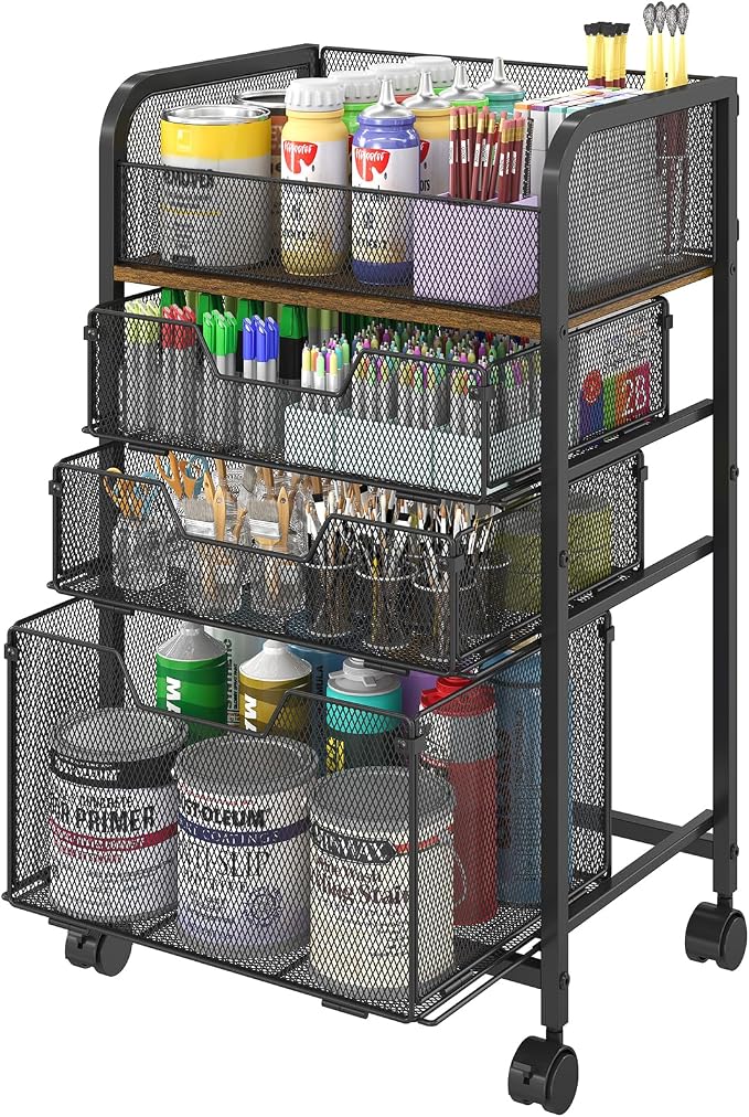 4-Tier Rolling Utility Cart with 3 Drawers-Craft Organizers and Storage with 360° Lockable Wheels,Art Supply Storage Organizer for Art Supplies, Store for Brushes & Paints & Artifacts Patent Pending by FollowWithYociyogaTogether