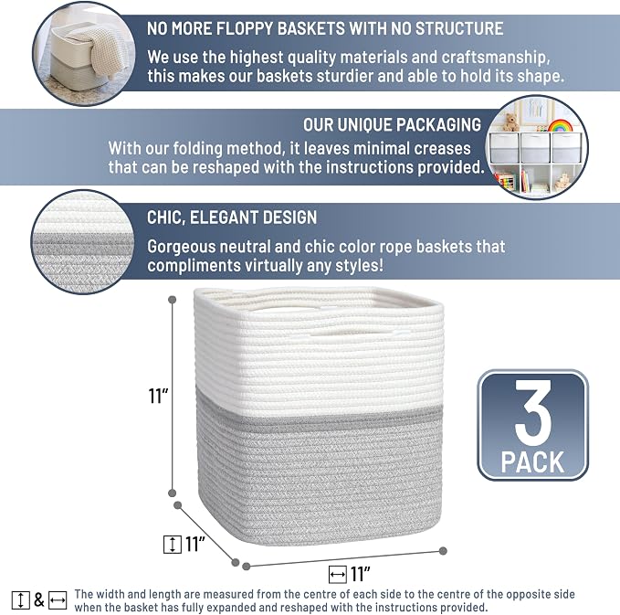 NaturalCozy Storage Cubes 11 Inch Cotton Rope Woven Baskets for Organizing, 3-Pack | Cube Storage Bin | Square Storage Baskets for Shelves Organizer, Classroom, Kids Toy Bins, Closet, Baby Nursery - Image 2