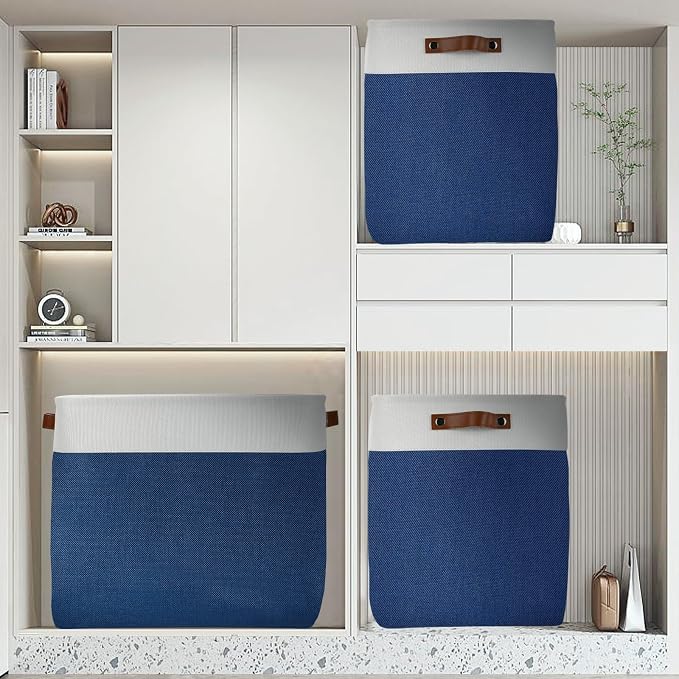 DULLEMELO 51L Large Baskets for Storage, Large Rectangular Baskets for Shelves [3 Pack], Blanket Basket Dog Basket for Organizing Closet, Nursery, Clothes (White&Blue) - Image 5