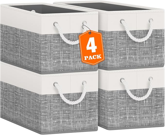 Storage Bins 4-Pack, Foldable Storage Baskets for Organizing Toys, Books, Shelves, Closet, Large Storage Box with Rope Handles, Sturdy Organizer Bins, White & Grey by Fabtotes