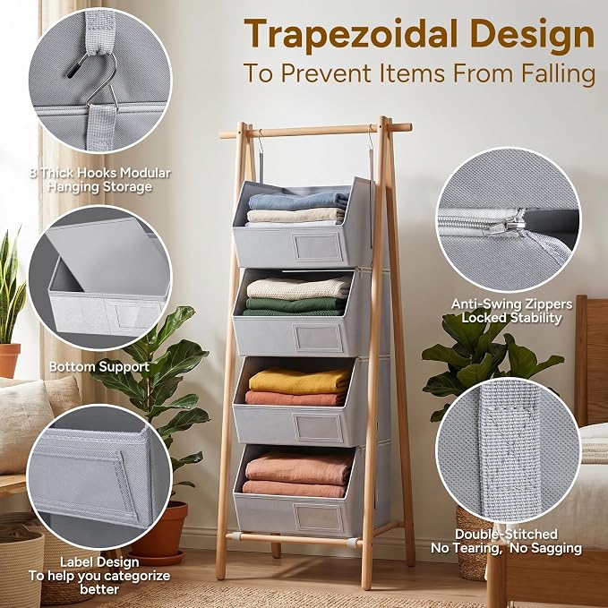 2 Pack 4-Tier Hanging Closet Organizer, Detachable Hanging Storage Shelves with Reinforced Side Panels, Hanging Closet Organizer for Clothes, Sweaters, Towels, Socks & Accessories, Gray - Image 4