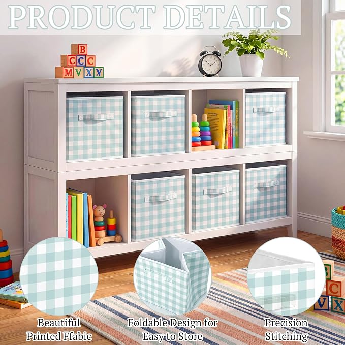 Yalikop 6 Pcs Green Gingham Cube Storage Bins, 11 Inch Fabric Checkered Classroom Storage Bins Organizer with Handle Preppy Collapsible Cubby Basket for Classroom Home Nursery Playroom Bedroom - Image 6