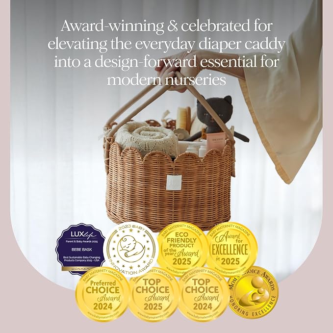 BEBE BASK Premium Baby Diaper Caddy Organizer - Scalloped Rattan Basket | Handmade & Award-Winning, Elegant Scalloped Edge, Newborn Essentials, Nursery Basket, Removable Divider, Baby Shower (Mocca) - Image 3