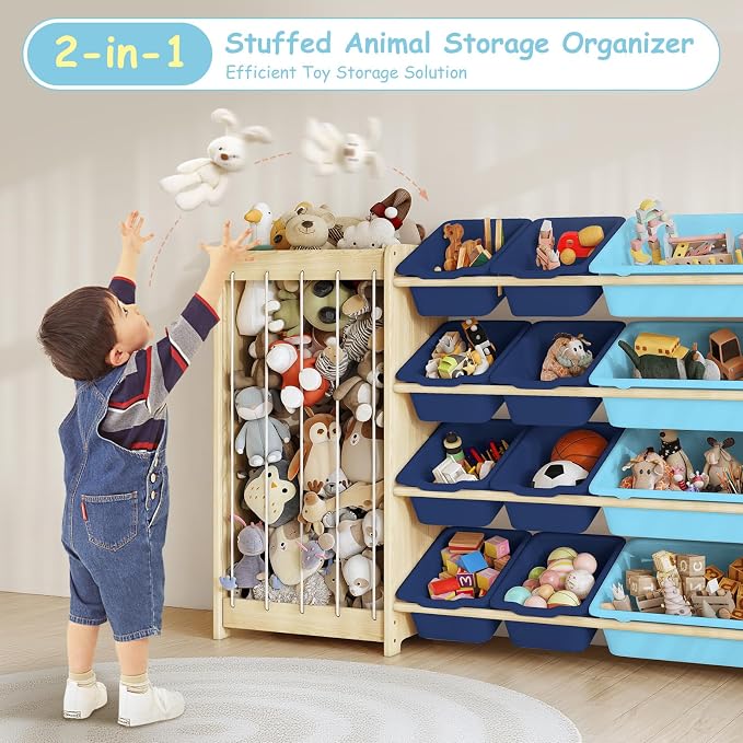 EXPERLAM Kids Toy Storage Organizer, 2-in-1 Stuffed Animal Storage & Toy Organizer w/12 Bins, Solid Wood Toy Rack Featuring Thicker Elastic Ropes, Playroom Nursery Bedroom Storage, Blue - Image 3