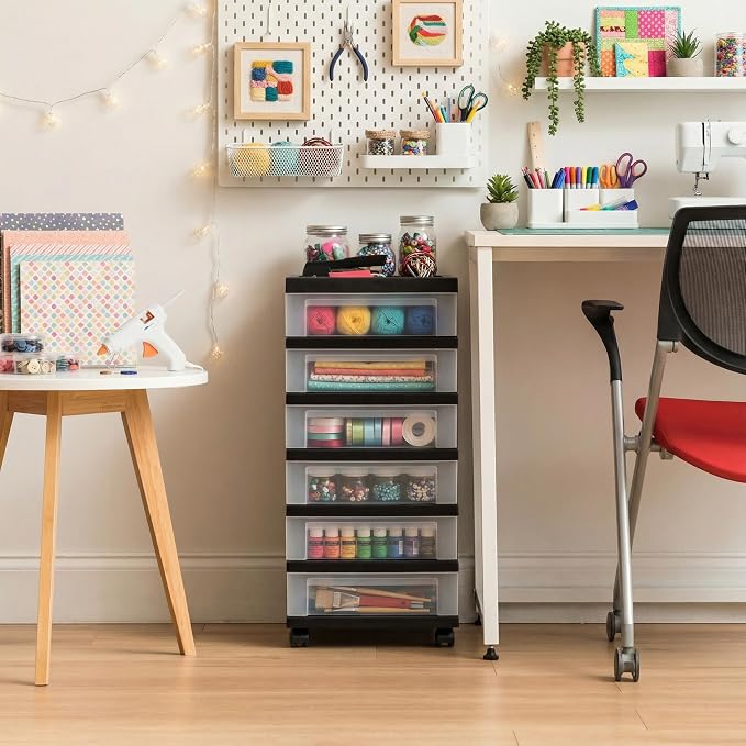 IRIS USA 6-Drawer Rolling Storage Cart, Black/Clear | Keep classroom supplies, teacher essentials, craft materials, and learning tools organized with easy-access drawers. - Image 2