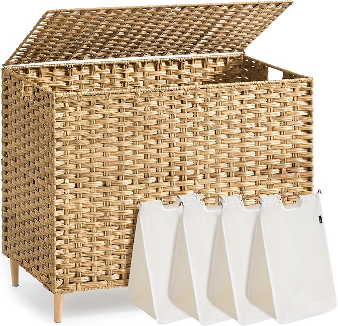 SONGMICS 4-Section Laundry Hamper with Lid, 55.4 Gal (210L) PE Rattan Laundry Basket with Removable Washable Liners, for Bedroom & Living Room, Goose Yellow ULCB224YE01 by Unknown