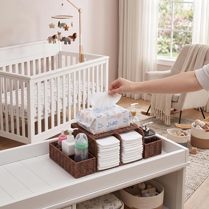 Large Wicker Diaper Caddy Organizer, Detachable Modular Changing Table Organizer for Nursery, Woven Diaper Storage Dispenser Basket for Nursery Diapering Baby Essentials Gift(Brown,Paper) - Image 4