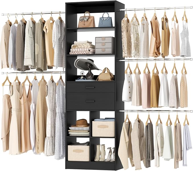 Besiost Closet System, 4-8 FT Closet Organizer Tower with 2 Wooden Drawers and Shelves, Can Fit 60 to 96 inch Walk-in Closet System with 5 Hang Rods, Built-in, Black by Besiost