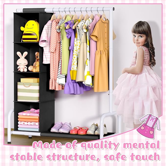 Univivi Kids Clothing Rack with Hanging Organizer, 43 Inch, Black and White | Toddler Dress Up Storage with Bottom Shelf, Sturdy Metal Dress Up Rack, Toddler Wardrobe Rack for Nursery, Playroom, Bedroom - Image 6