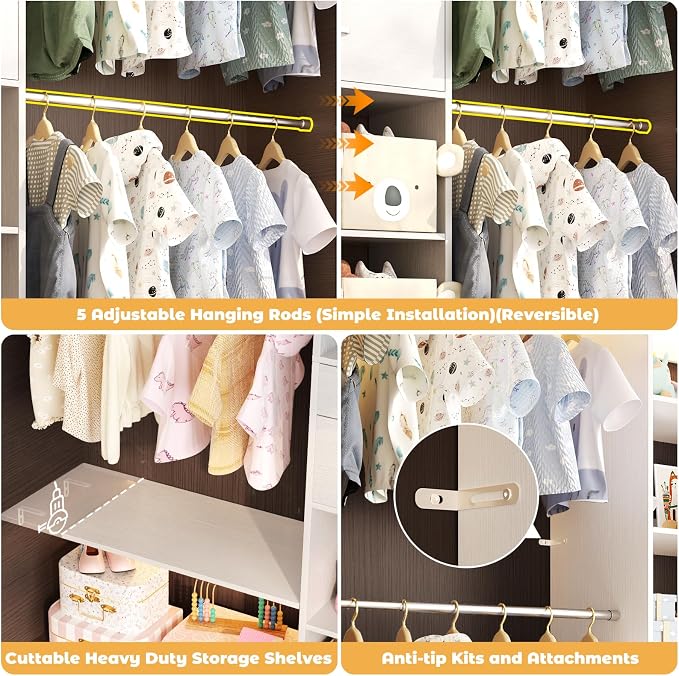 Besiost Closet System - 5-8FT Closet Organizer System with Wooden Drawers & Cube Storage Organizer, Up To 96" Closet Systems for Nursery & Walk-In Closets with Cuttable Hanging Shelving, White - Image 7