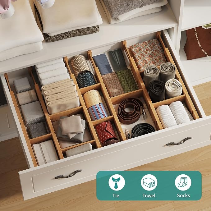 6 Pack Bamboo Drawer Dividers with Inserts, Kitchen Adjustable Drawer Organizers, Expandable Organization for Home, Dressers, 6 Dividers with 12 Inserts - Image 8