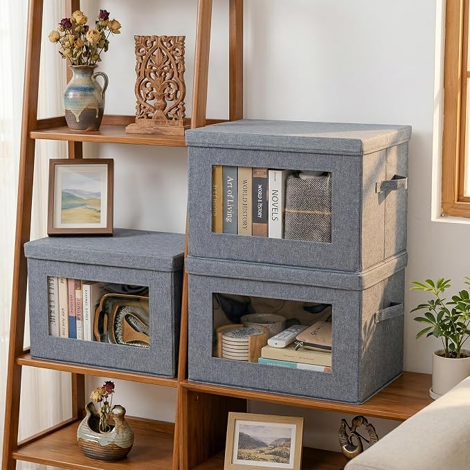 2-Pack Large Storage Bins with Lids & Clear Window, Foldable Fabric Closet Organizer Boxes, Stackable Cube Baskets with Soft Handles for Clothes & Blankets, 17”, Grey - Image 6