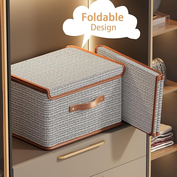 Tuza 2 Pack Storage Bins with Lids, Collapsible Closet Organizer Container, Fabric Organizer Box with Handles, Decorative Storage Boxes with Lids for Organizing Clothes, Sheet, Light Grey, Extra Large - Image 5