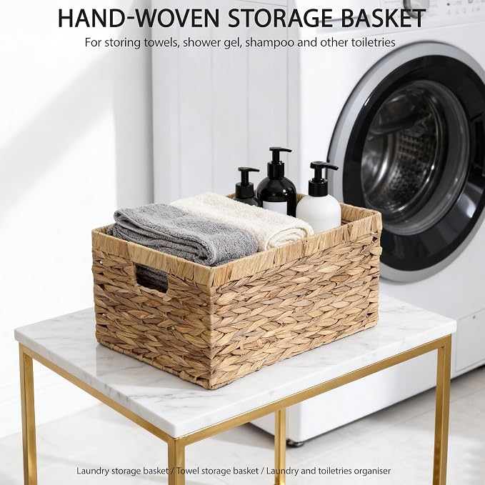 KINGWILLOW Woven Natural Water Hyacinth Rectangular Organizer Basket, Small | Rustic decor, with handles, brown‑tan tone, for shelves, bathroom, kitchen, entryway, office files, pet toys - Image 2