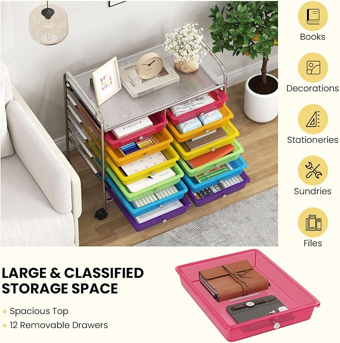 Giantex 12 Drawers Rolling Cart, Mobile Storage Drawer Cart, Classroom Organizer Cart for Office School Supplies Tools Scrapbook Paper Craft Small Printer, Utility Cart on Wheels, Rainbow - Image 7