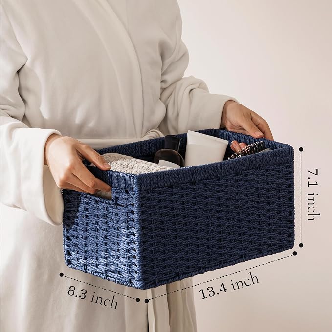joybest Wicker Baskets for Shelves, Hand-woven Storage Baskets Green | 13.4L x 8.3W x 7.1H inch for Pantry, Kichen Organizing, Foldable Rectangular Bin with Handles, 2-pack - Image 2