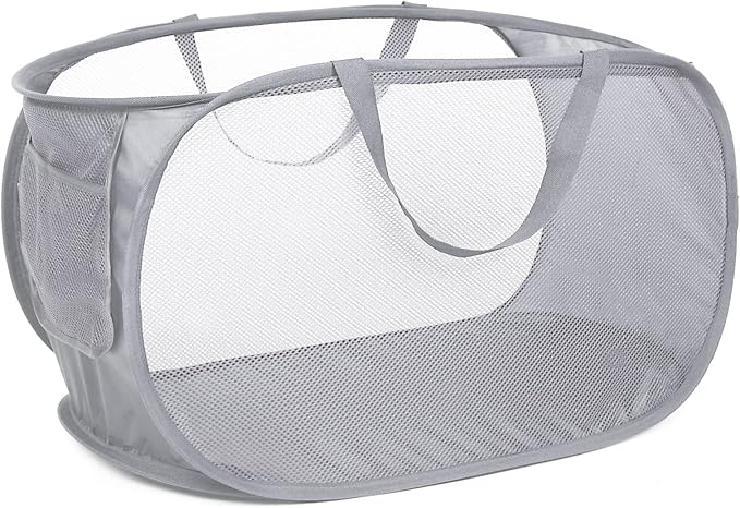 Durable Collapsible Laundry Baskets, Mesh Pop Up Laundry Hamper with Side Pocket, Foldable Clothes Storage Hamper with Reinforced Carry Handles for Laundry, Bathroom, Kids Room, Dorm or Travel Grey by Bemkoo