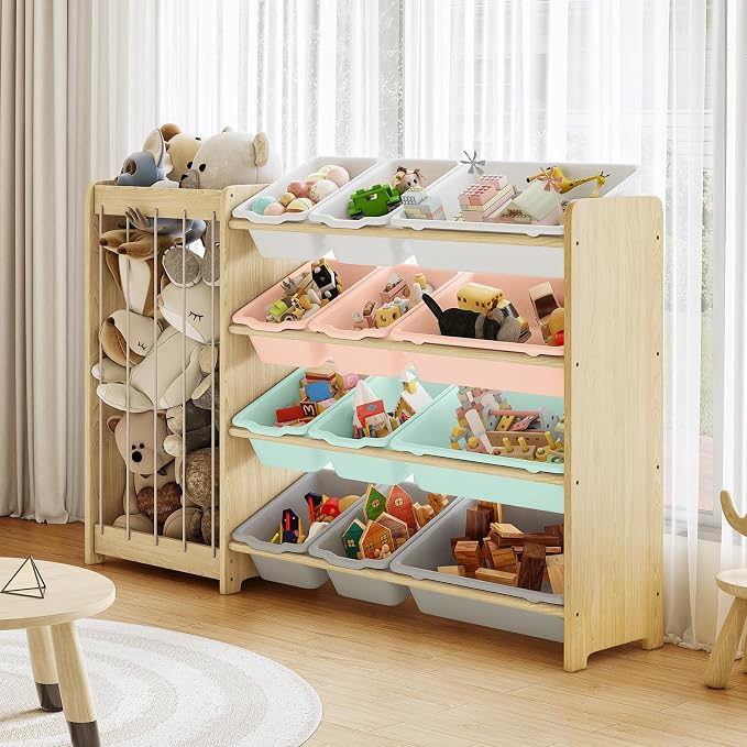 EXPERLAM Kids Toy Storage Organizer, 2-in-1 Stuffed Animal Storage & Toy Organizer w/12 Bins, Solid Wood Toy Rack Featuring Thicker Elastic Ropes to Hold Toys, Playroom Nursery Bedroom Storage, Multi - Image 8
