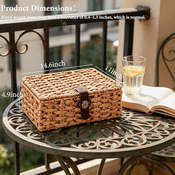 Water Hyacinth Wicker Storage Box with Lid （Large） | Hand woven decorative storage basket for shelf coffee table console home decor - Image 2