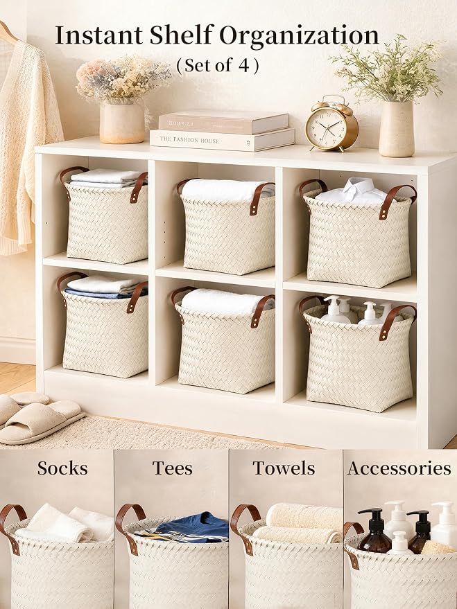 Wicker Storage Baskets, 4 Pack Woven Baskets for Shelves, White | PP Rattan, Water-resistant Wicker Basket, Large Baskets with Faux Leather Handles for Blanket, Laundry Organizer, Room Decor - Image 3