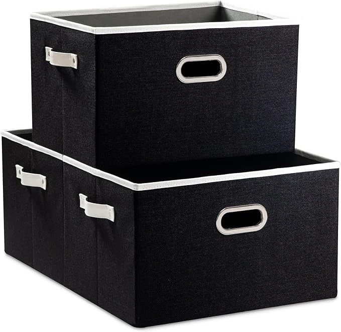Larger Collapsible Storage Bins for Closet [3-pack] Decorative Linen Fabric Storage Baskets Cubes with Leather/Metal Handles for Living Room Black (17.3x12.2x10.4 Inch) by Prandom