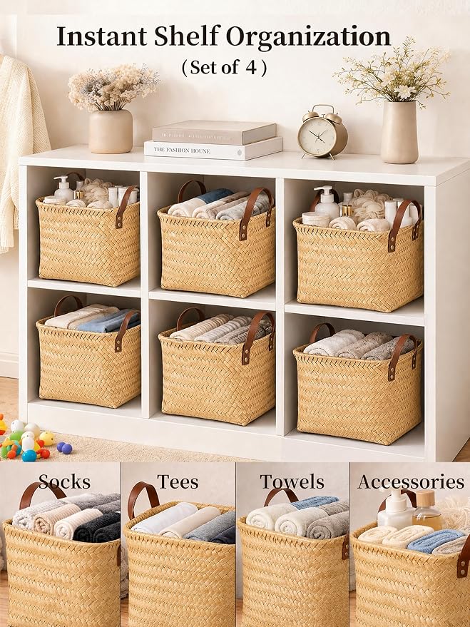 Wicker Storage Baskets, 4 Pack Woven Baskets for Shelves, Yellow | PP Rattan, Water-resistant Wicker Basket, Large Baskets with Faux Leather Handles for Blanket, Laundry Organizer, Room Decor - Image 3