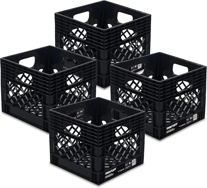 4 Pack Storage Milk Crate, Durable Plastic Home Organizers, Stackable Box Set with Reinforced Handles, 250 lb Load Capacity, Black by Ramtuff