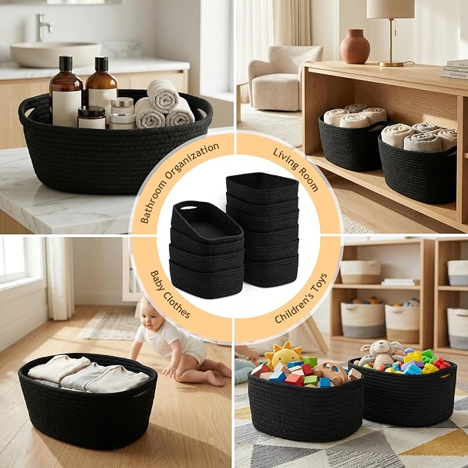 10 Pack Black Small Woven Baskets for Organizing, 11.5"x7.5"x4.7" Cotton Rope Storage Bins, Sleek Empty Gift Baskets for Modern Home, Office, Bathroom Shelf & Closet Organization - Image 8