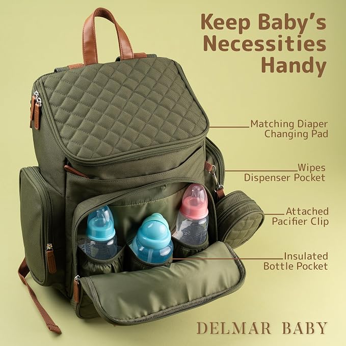 Large Diaper Bag Backpack for Mom & Dad | Unisex Baby Travel Bag | 15 Pockets | Changing Pad | Stroller Straps | Stylish & Washable | Newborn Essentials | Army Green - Image 4
