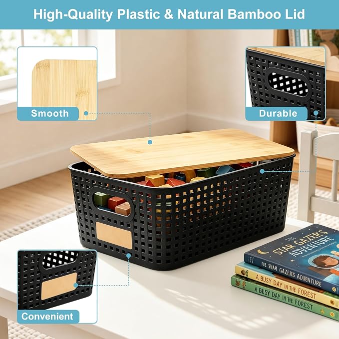Small Plastic Storage Bins with Bamboo Lids 5.2qt Stackable Box Basket Pantry Decorative Containers Cute with Lable for Organizing Desktop Closet Office Black of 6 packs 10 * 7.2 * 4.1" - Image 2