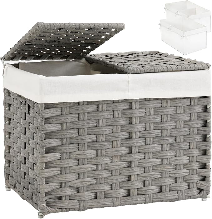 SETVSON Storage Basket with Lid, 9.2 Gal PE Rattan Trunk, Gray | Decorative PE Rattan Furniture Look for Bedroom, 2 Separate Lids, 2 Liners with Divider for Apparel & Essentials by SETVSON