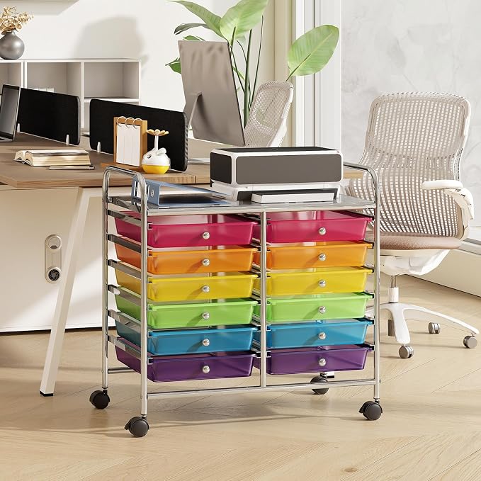 RELAX4LIFE 12-Drawer Rolling Storage Cart - Mobile Utility Cart on Wheels for School Classroom Teacher Office Salon, Paper File Art Supply Craft Organizer, Rolling Cart with Drawers (Rainbow) - Image 9