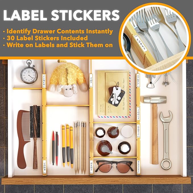 SpaceAid Bamboo Drawer Dividers with Inserts and Labels, Kitchen Adjustable Drawer Organizers, Expandable Organization for Home, Office, Dressers and Bathroom, 8 Dividers with 18 Inserts (17-22 in) - Image 4