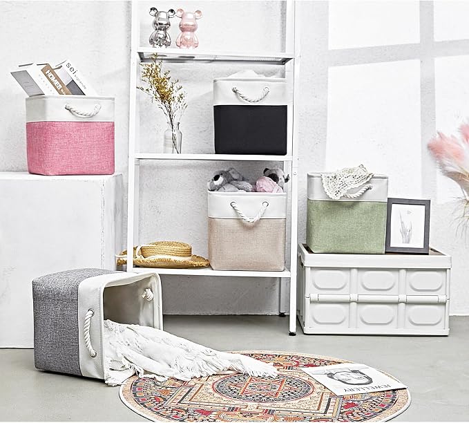 Fabric Storage Cubes 13 x 13, Collapsible Storage Bins for Shelf Baskets, Cube Storage Organizer White Beige Bins with Cotton Handles,Foldable Storage Bin box,Cube Storage Bin 6 Pack - Image 2