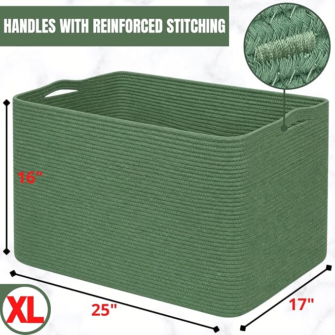 112L Extra Large Blanket Basket Holder Living Room, 25"x17"x16" Rectangle Rope Woven Storage Basket with Handles for Laundry, Towels, Shoes, Dog Toy Organizer Bin Box, Green - Image 3