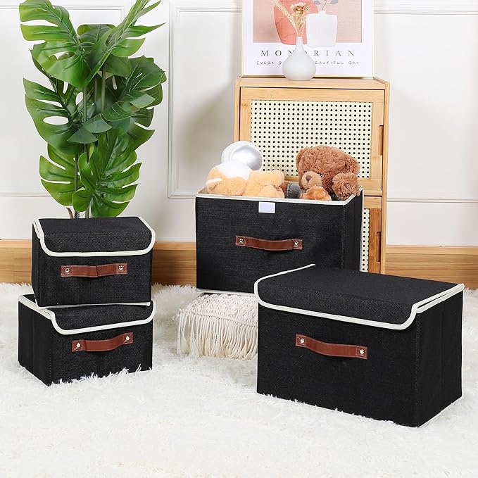 ANMINY Fabric Storage Box Bins with Lids, Black, 10"x8"x7", 4 Pack | Keepsake Memory Storage, Cotton Linen, PP Board Reinforced, Washable, PU Handles, Foldable & Stackable, Decorative, Small - Image 6