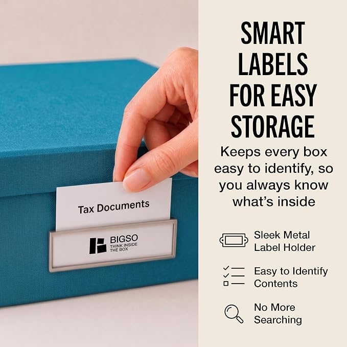 Bigso Oskar Fiberboard Label Frame Document Letter Box - File Organizer Box for Important Paperwork - Document Storage with a Lid & Label Window - 3.3 in x 10.2 in x 13.8 in - 3 Pack - Turquoise - Image 5