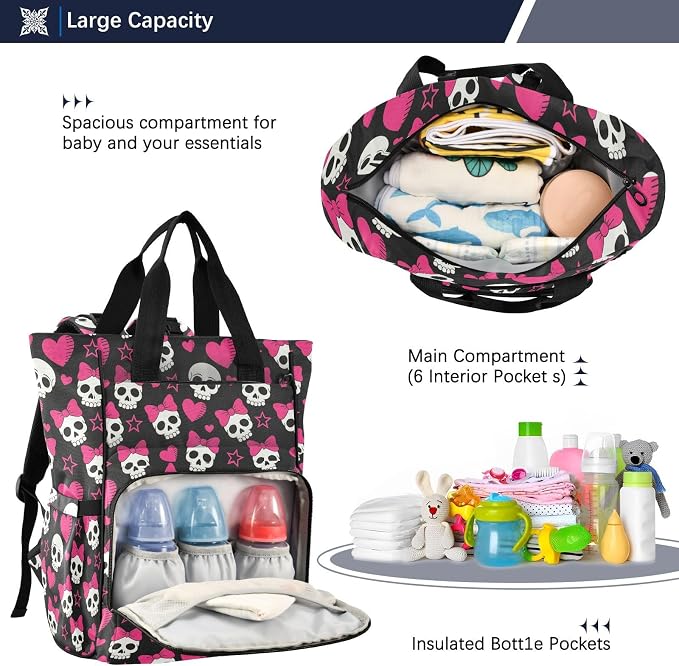 MNSRUU Diaper Bag Pink Hearts and Skulls Diaper Bag Backpack Multifunction Travel Diaper Bag Tote Large Capacity Diaper Changing Backpacks for Moms Dads - Image 5