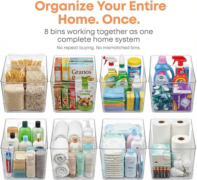 MOONEDGE 8 Pack Clear Plastic Storage Bins 12x8x6in Pantry Organizer | Large Pantry Storage Bins, Cabinet Containers for Under-Sink Storage, Kitchen, Fridge, Bathroom and Home Organization - Image 4