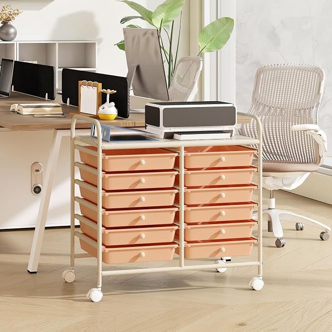 RELAX4LIFE 12-Drawer Rolling Storage Cart - Mobile Utility Cart on Wheels for School Classroom Teacher Office Salon, Paper File Art Supply Craft Organizer, Rolling Cart with Drawers (Pink) - Image 2