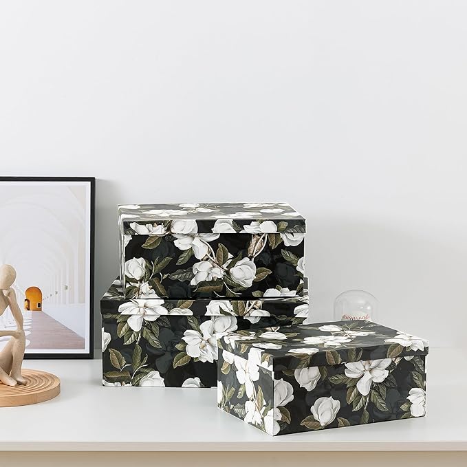 Soul & Lane - Midnight Gardenia Decorative Boxes with Lids, Set of 3, Black | Large Nesting Paperboard Storage Boxes for Keepsakes, Photos and Gifts, Dramatic Dark Green Floral Design Containers - Image 4