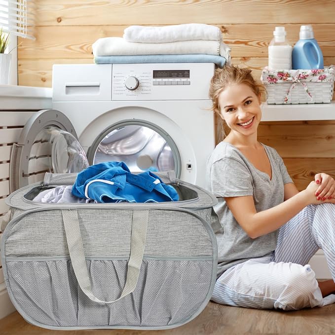 Collapsible Laundry Baskets with Lid, Foldable Laundry Basket with Pockets, Pop Up Laundry Hamper with Dual Handles, 99L Sturdy Hampers for Clothes, Groceries, Supplies, Tools, Grey - Image 2