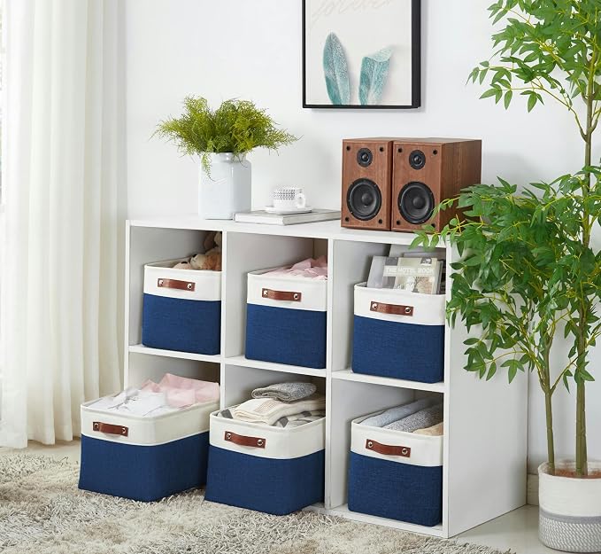 DECOMOMO Storage Bins, Large Fabric Storage Baskets for Shelves 3 Pack | 15 x 11 x 9.5 inches Decorative Linen Closet Organizers (Navy Blue & White) - Image 6