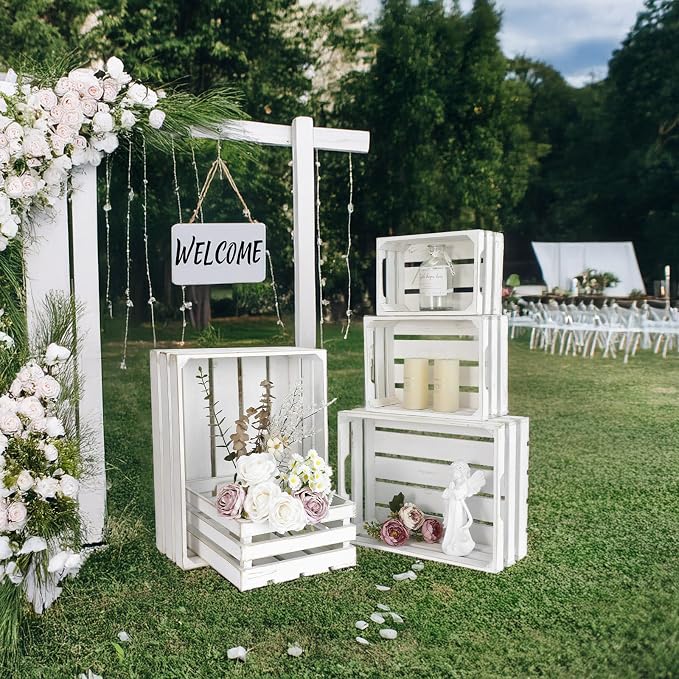 5-Piece Rustic White Wooden Crates Set, Wall Mountable Slatted Storage Crates with Handles, Farmhouse Wooden Crates for Display & Organizer for Home Decor - Image 6