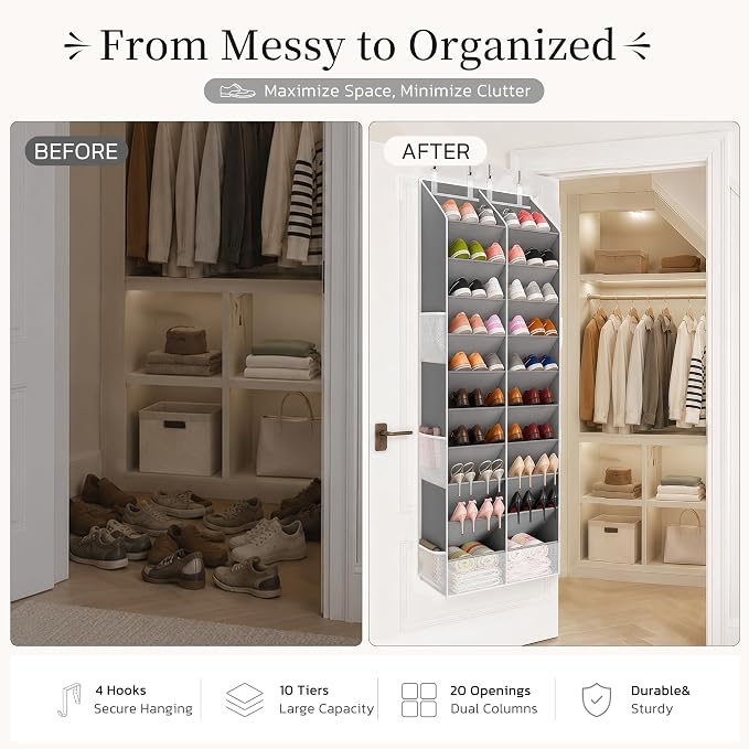 Over the Door Shoe Organizer, 20-30 Pairs Heavy-Duty Hanging Shoe Storage with Large Pockets, 10-Tier Door Shoe Rack with 4 Hooks for Sneakers Sandals Heels Boots (Gray) - Image 2