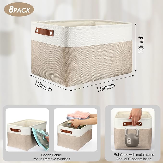 Uiifan 8 Pack 16 x 12 x 10 Inch Large Storage Baskets Collapsible Fabric Storage Cubes Bins with Handles for Shelves Closets Nursery Home Clothes Toys Organizers, Beige - Image 3