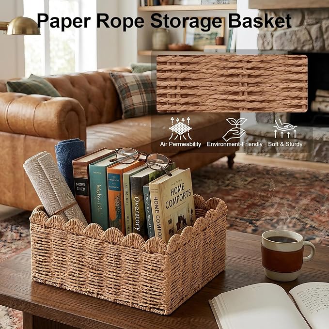 3 Pcs Wicker Storage Baskets for Shelves Picnic Basket,Scalloped Baskets, Hand-woven Wicker Storage Cubes, Paper Rope Shelf Baskets for Organizing and Decoration,Brown Basket - Image 7