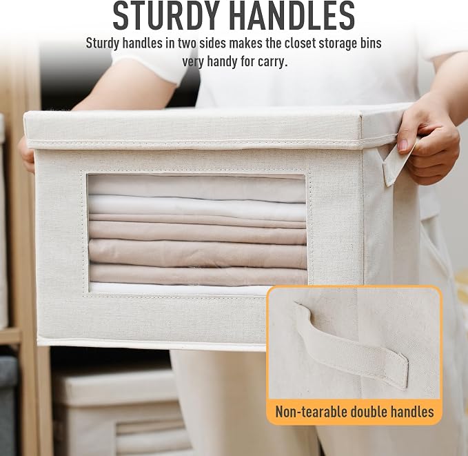 3-Pack Large Storage Bins with Lids & Clear Window, Foldable Fabric Closet Organizer Boxes, Stackable Cube Baskets with Soft Handles for Clothes & Blankets, 17”, Beige - Image 4