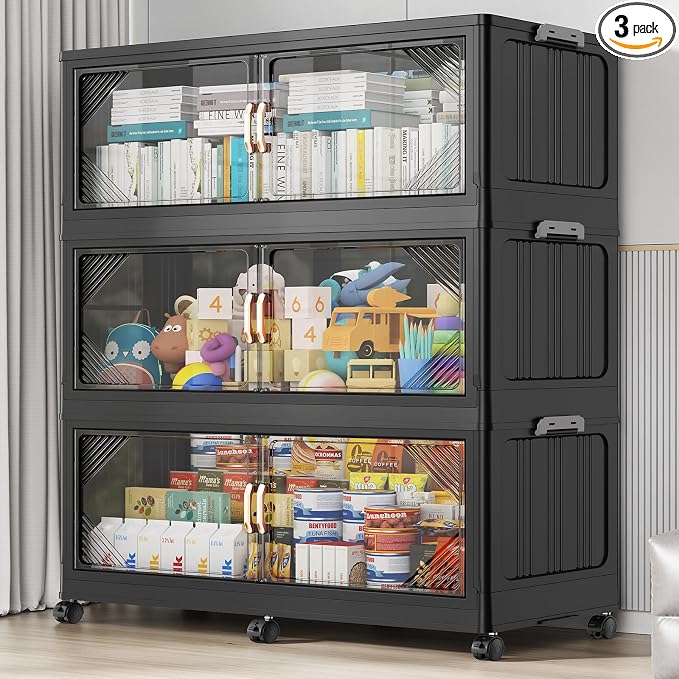 BROVIEW V60 660QT Plastic Stackable Storage Bins with Lid, 3Pack Black | 165Gal Extra Large Closet Organizers Collapsible Cabinets Boxes With Drawer, Foldable Container with 6x Wheels for Home by BROVIEW-EnjoytheArtofLife