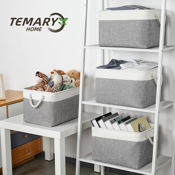 Temary Storage Baskets 4Pack Fabric Storage Bins Clothes Baskets with Rope Handle, Decorative Basket for Gift, Blankets (White&Gray,15x11x9.5 inch) - Image 2